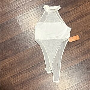 SHEIN White Sheer High-Neck Mesh Bodysuit
